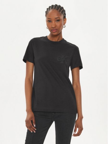 T-shirt en satin avec applique Calvin Klein Jeans noir