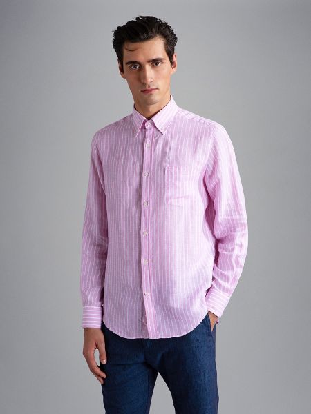 Camisa de lino a rayas manga larga Paul & Shark rosa