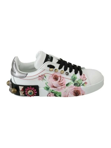 Sneakersy skórzane w kwiatki Dolce And Gabbana białe