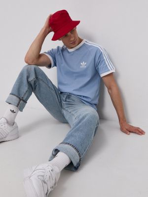 Памучна тениска с дълъг ръкав с апликация Adidas Originals синьо