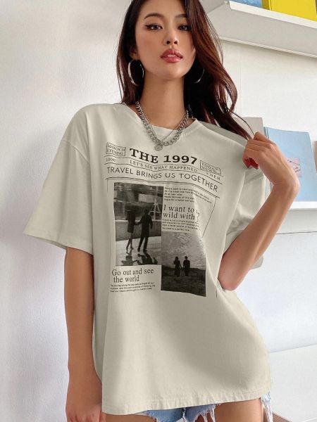 Raštuotas marškinėliai oversize Modagen smėlinė