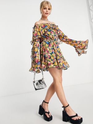 Платье мини в цветочек с рюшами Topshop