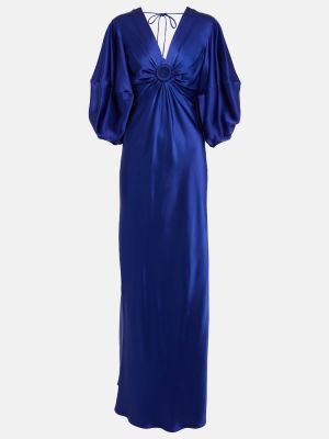 Saténové dlouhé šaty s výstřihem do v Stella Mccartney modré