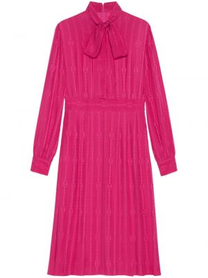Jacquard svilena haljina s mašnom Gucci ružičasta