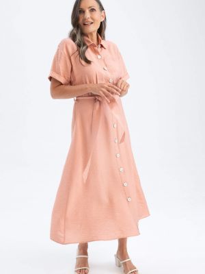 Льняное платье миди с коротким рукавом Defacto розовое