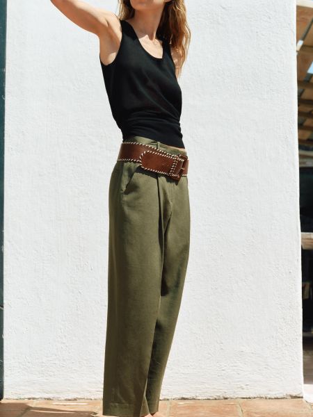 Льняные брюки с высокой талией Zara хаки