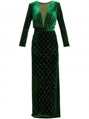 Krištáľové zamatové večerné šaty Tadashi Shoji zelená