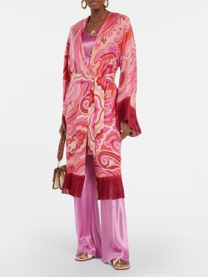 Cappotto con frange di seta con stampa Etro rosa