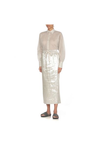 Falda midi con cordones de lino Brunello Cucinelli plateado