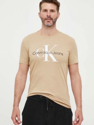 Тениска с дълъг ръкав с принт Calvin Klein Jeans бежово