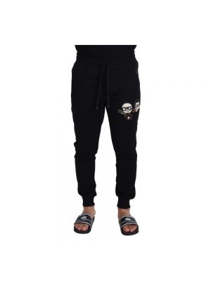 Haftowane spodnie sportowe bawełniane Dolce And Gabbana czarne