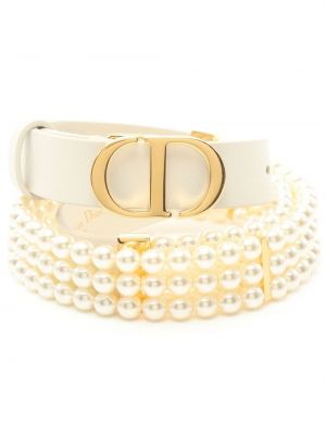 Kožený opasok s perlami Christian Dior biela
