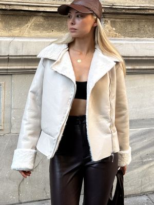Kožený kabát na zip z imitace kůže Trend Alaçatı Stili bílý