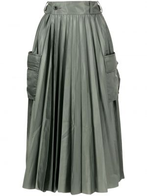 Plisovaná sukně s knoflíky s páskem z polyesteru Sacai - zelená