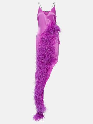 Asymetrické dlouhé šaty z peří David Koma růžové