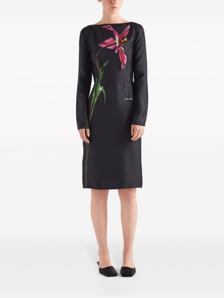 Jedwabna sukienka midi w kwiatki z nadrukiem Prada czarna