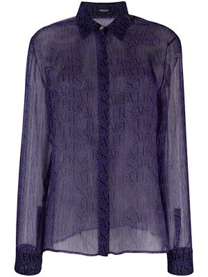 Прозрачна копринена риза с принт Versace виолетово