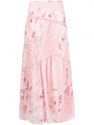 Květinové hedvábné plisovaná sukně s potiskem Loveshackfancy - růžová