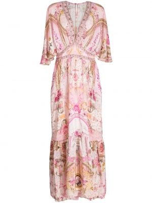Jedwabna sukienka koktajlowa z nadrukiem w abstrakcyjne wzory Camilla różowa