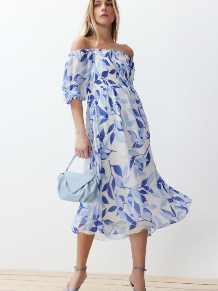 Φλοράλ μάξι φόρεμα από σιφόν από λυγαριά Trendyol μπλε