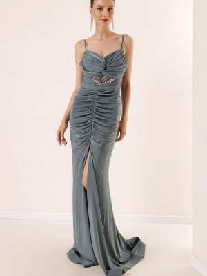 Křišťálové drapované dlouhé šaty By Saygı šedé