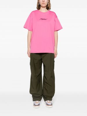 Medvilninis siuvinėtas marškinėliai Moschino rožinė