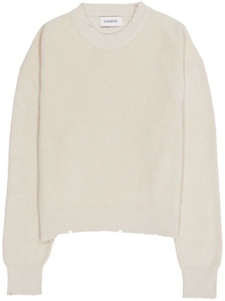 Памучен дълъг пуловер с протрити краища Laneus бяло