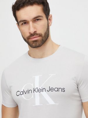 Памучна тениска с дълъг ръкав с принт Calvin Klein Jeans сиво