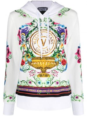 Bombažna jopa s kapuco s potiskom Versace Jeans Couture bela