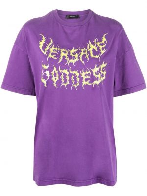 Памучна тениска с принт Versace виолетово