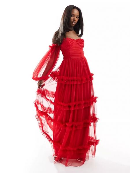 Длинное платье с бисером с рюшами из тюля Lace And Beads красное
