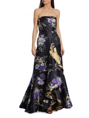 Платье в цветочек с рюшами Marchesa Notte черное