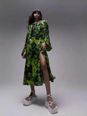 Платье Topshop Ruched Acid Print Midi, зеленый/черный