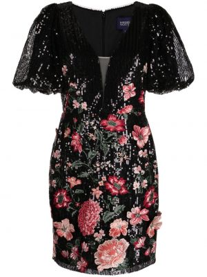 Květinové koktejlové šaty s flitry Marchesa Notte černé