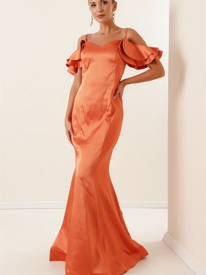 Saténové dlouhé šaty By Saygı oranžové