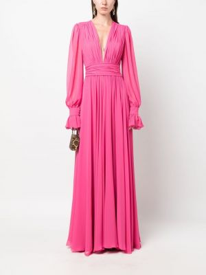 Sukienka długa z dekoltem w serek plisowana Blanca Vita różowa