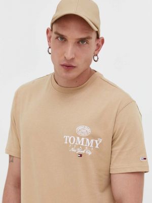 Памучна тениска с дълъг ръкав с апликация Tommy Jeans бежово