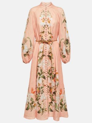 Льняное платье миди в цветочек с принтом Zimmermann розовое