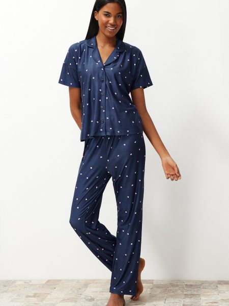 Pletené pyžamo se srdcovým vzorem Trendyol modré