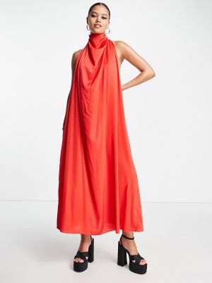 Атласное длинное платье с драпировкой Asos красное