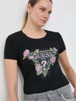 Květinové tričko Guess černé