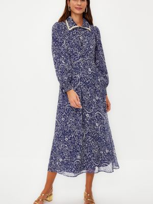 Шифоновое платье с поясом в цветочек с принтом Trendyol Modest синее
