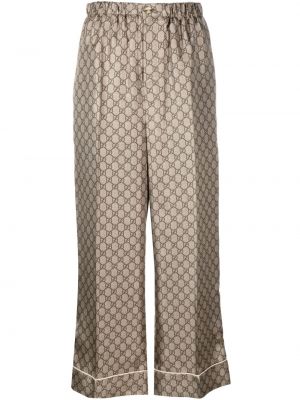 Pantaloni cu picior drept de mătase cu imagine Gucci maro