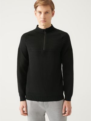 Памучен пуловер с цип със стояща яка Avva черно