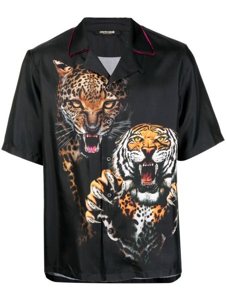 Seiden hemd mit print mit tiger streifen Roberto Cavalli schwarz