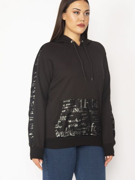 Raštuotas lakuotas džemperis su gobtuvu su kišenėmis şans juoda