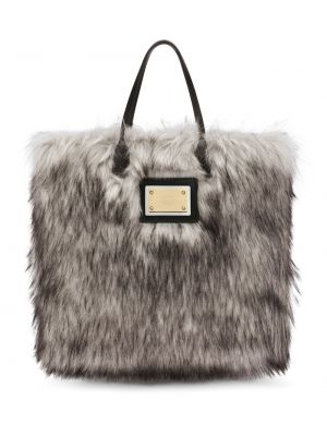 Kožená nákupná taška s kožušinou Dolce & Gabbana sivá