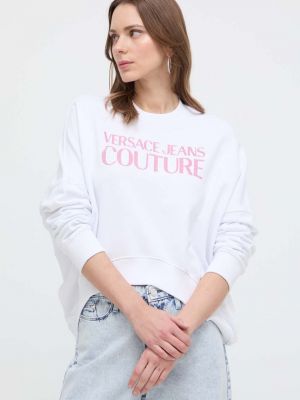 Biała bluza z kapturem bawełniana z nadrukiem Versace Jeans Couture
