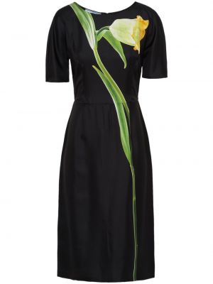 Копринена рокля на цветя с принт Prada черно