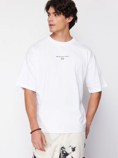 Oversize тениска с принт с къс ръкав Trendyol бяло